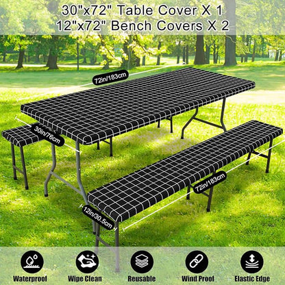 Smiry Picnic Table Cover with Bench Covers, Waterproof Elastic Fitted Tablecloth for 6 Foot Tables, Washable Polyester Tablecloths for Camping, Indoor & Outdoor (Black & White, 30x72 Inch 3-pc Set)