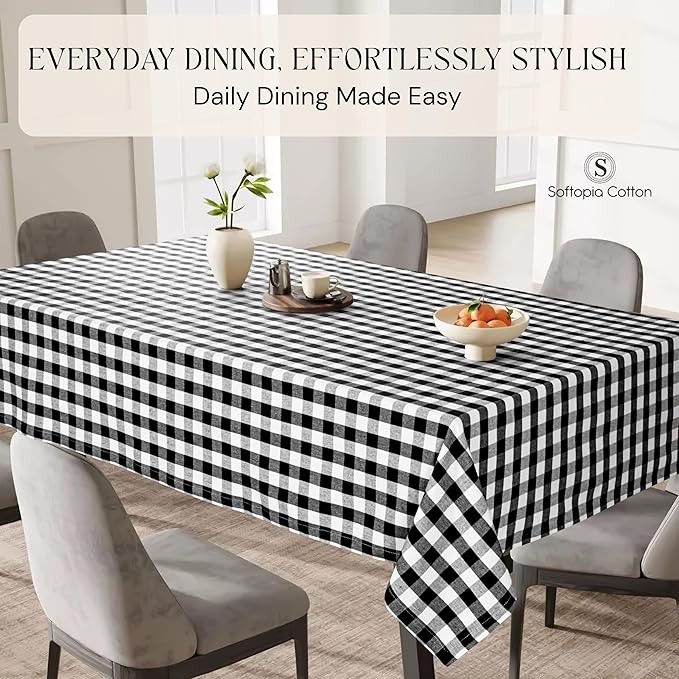 Gingham Buffalo Check 60"x84" Tablecloth 100% Cotton Washable Rustic Rectangle Table Cover Decorative for Gifts, Dining, BBQ, Buffet Parties & Camping - Black