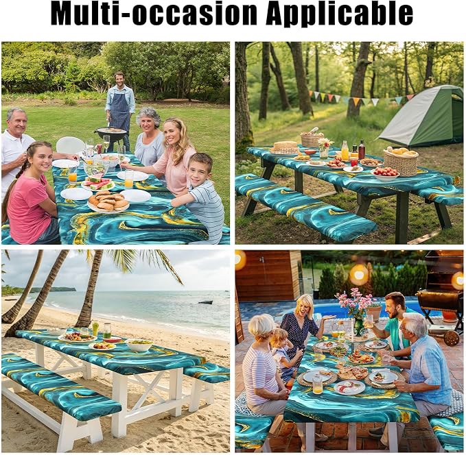 Smiry Picnic Table Cover with Bench Covers, Waterproof Elastic Fitted Tablecloth for 8 Foot Tables, Washable Polyester Tablecloths for Camping, Indoor & Outdoor (Teal & Gold, 30x96 Inch 3-pc Set)