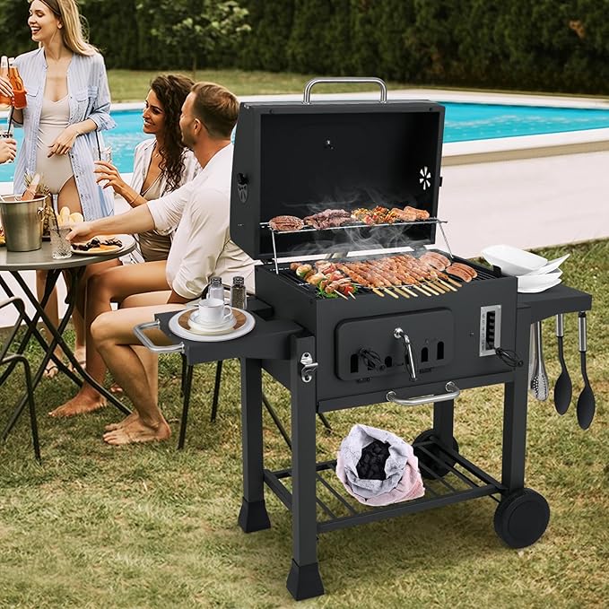 Barrel Charcoal Grill with Side Tables, 544 sq.in Cooking Space, Portable Camping Grill w/Wheels, Charcoal Tray, Pull-out Ash Tray, Thermometer, Outdoor BBQ Grill for Patio, Backyard, Party