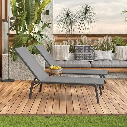 Patio Chaise Lounge Set of 2 with 4 Adjustable Backrest, Foldable Aluminum Chaise Lounge Chair Recliner for Outdoor, Poolside, Sun Tanning Grey