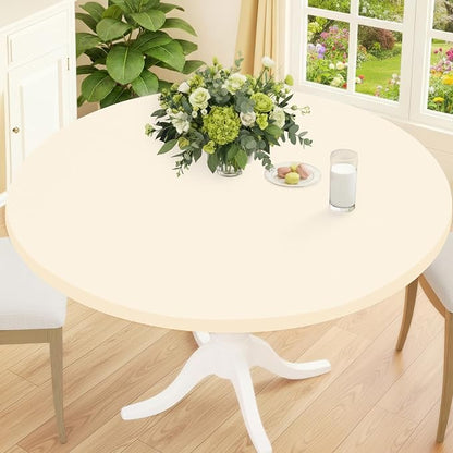 Smiry Round Spandex Tablecloth, Elastic Fitted Washable Tablecloths for 45"-56" Tables, Waterpoof Stretch Picnic Table Cover for Dining, Indoor and Outdoor, Beige