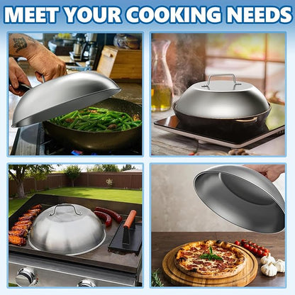 SafBbcue 2 Sets Flat top Grill Accessories 12" Cheese Melting Dome Basting Cover for Blackstone, Pitboss, Camp Chef Steamer Pizza Oven/Wok Cover, Food Metal Dome Cover for Grill Cooking Accessories