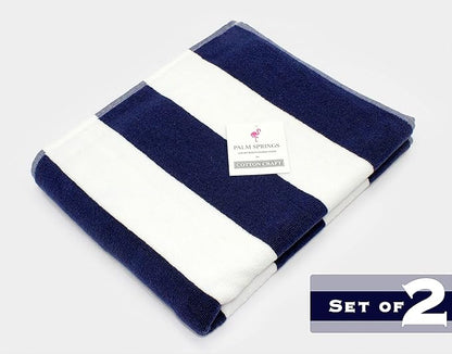COTTON CRAFT Pool Lounge Chair Cover - 2 Pack - Chaise Beach Picnic Spa Towel - Cabana Stripe - Soft Premium Ringspun Terry Cotton - Oversized - 32 inch Wide x 82 inch Long with 7 inch Pocket – Navy