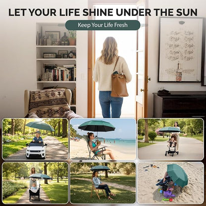 Chair Umbrella with Universal Clamp (Dark Green) | UPF 50+ UV Protection, Clip-on Outdoor Sports Umbrella for Beach Stroller Pool Camp, Compact Lightweight Portable Shade