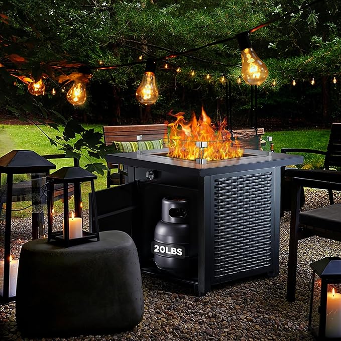 Ciays Propane Fire Pit, 28″ Outdoor Gas Fire Pit, 50,000 BTU Steel Fire Table with Glass Wind Guard, Lid & Lava Rock, Add Warmth and Ambience to Gatherings On Patio Deck Garden (2 Packages)