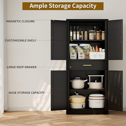 CJF 71" Metal Kitchen Pantry Cabinet with Drawer, Tall Storage Cabinet with 2 Adjustable Shelves and 4 Doors, Heavy Duty Freestanding Floor Cupboard for Home, Kitchen, Dining, Living, Black