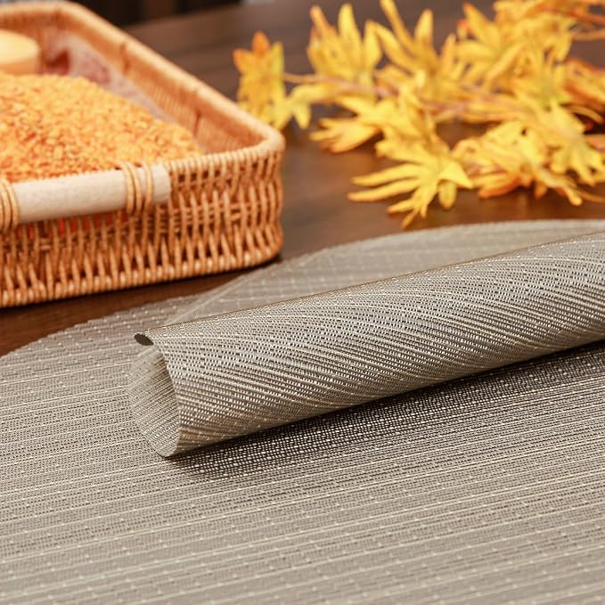 15 Inch Round Placemats Set of 6, Washable Vinyl Woven Place Mats | Heat Resistant Non-Slip Braided Table Mats for Dining Table Kitchen Indoor & Outdoor Use (Golden Silver, Set of 6)