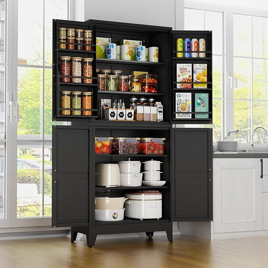 Black Pantry Storage Cabinet, 75" Kitchen Pantry with Doors and 3 Adjustable Shelves, Metal Freestanding Buffet Cupboards Sideboard, for Office, Home, Garage, School