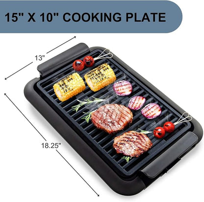 OVENTE Electric Indoor Grill, 15x10 Inch Non-Stick Plate, Black GD1510NLB | 1200W Fast Heat Up Power, Adjustable Temperature, Removable and Dishwasher Safe Grilling and Drip Tray