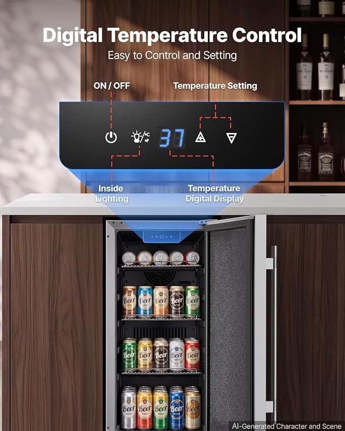 VEVOR Outdoor Beverage Refrigerator, 15 Inch Undercounter Drink Fridge | 304 Stainless Steel Body, 3.0 Cu. Ft, Hold 94 Cans, Powerful Cooling System, Built-in / Freestand Cooler, Home Bar & Patio