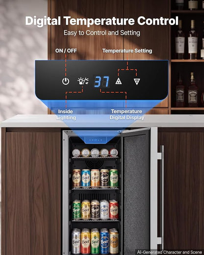 VEVOR Outdoor Beverage Refrigerator, 15 Inch Undercounter Drink Fridge | 304 Stainless Steel Body, 3.0 Cu. Ft, Hold 94 Cans, Powerful Cooling System, Built-in / Freestand Cooler, Home Bar & Patio