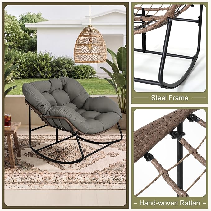 Bifanuo Oversized Egg Rocking Chair for Indoor Outdoor – All-Weather Wicker Rattan Lounge Chair with Cushion Patio Rocker for Porch Garden or Balcony (Grey)