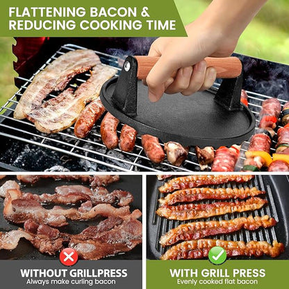 Blackstone Burger Press Set - 7" Round Smash Burger Press & 8"x4" Rectangle Cast Iron Grill Press with Wooden Handle - Smasher is Perfect for Blackstone Griddle, Pitboss Weber Griddle Grills