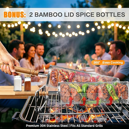 Rolling Grill Basket,Removable Wooden Handle with Condiment Bottle and Stand, 304 Stainless Steel,Nesting BBQ Tools, Smoker Grilling Accessories for Vegetable Shrimp, Birthday Gifts for Men Dad Husban