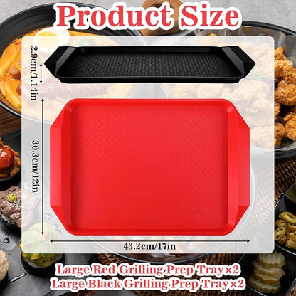 4 Pcs Grilling Prep and Serve Trays, 17x12 Inch BBQ Plastic Nesting Trays for Raw and Cooked Food, Dishwasher Safe Marinating and Serving Platters, Black and Red