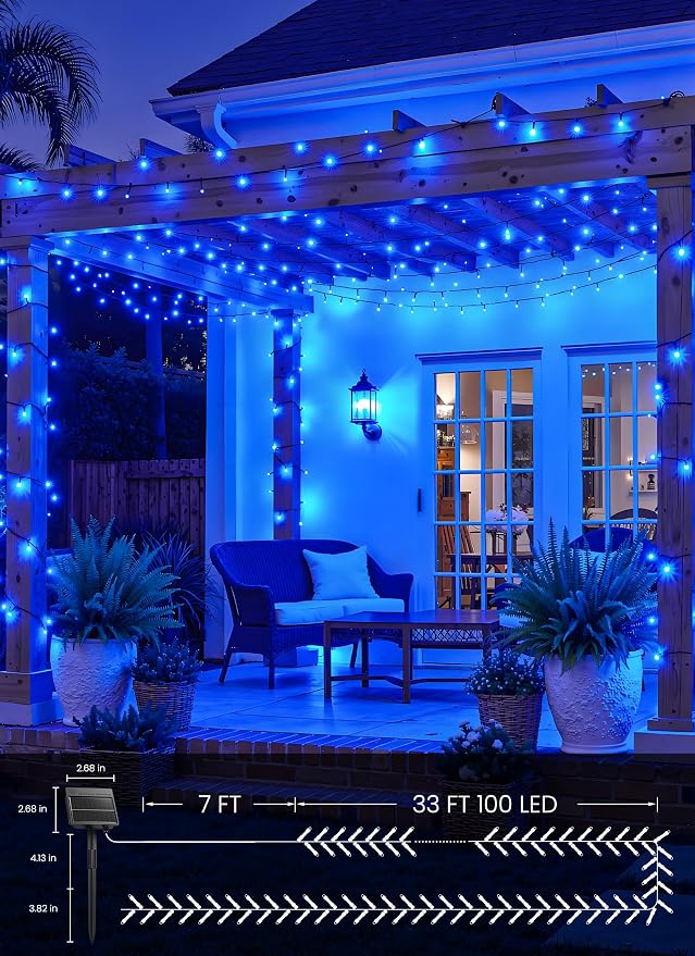 Brightown 2 Pack Solar String Lights Outdoor,Total 80FT 200 LED Solar Powered String Lights Waterproof with 8 Modes, Auto On/Off, Patio Lights for Outside Tree Garden Balcony Party Decor (Blue)