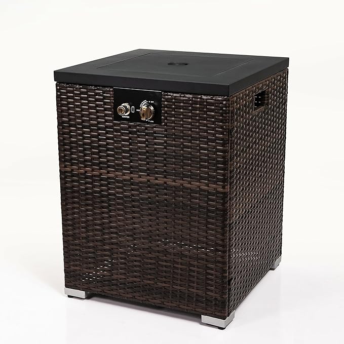 KEIKI 22 Inch Compact Gas Fire Pit, Square Wicker Fire Table with Steel Top, 50000 BTU Propane Fireplace for Outside Garden Deck