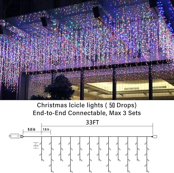 Joomer 33FT Christmas Icicle Lights Outdoor Connectable Multicolor | 50 Drops 8 Modes Timer Waterproof Plug-in String Light for Christmas Party, Holiday Eaves Roof Yard Xmas Decorations