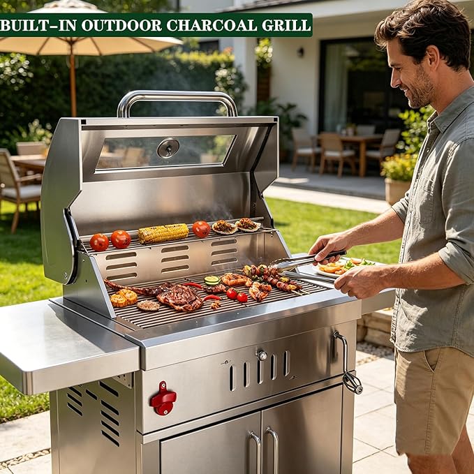 Built-In Stainless Steel Charcoal Grill for Outdoor Kitchen,28 Inch Large Charcoal BBQ Grills with Liftable Tray,Insulated Hood,Temperature Gauge & Cover for Camping,Patio,Park(Glass Square Lid)