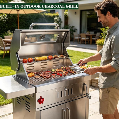 Built-In Stainless Steel Charcoal Grill for Outdoor Kitchen,28 Inch Large Charcoal BBQ Grills with Liftable Tray,Insulated Hood,Temperature Gauge & Cover for Camping,Patio,Park(Glass Square Lid)
