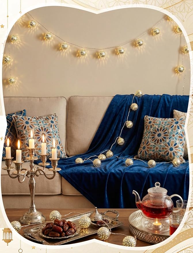 8.5Ft Moroccan Decorative String Lights, 10 LED Warm White Boho Globe Decor | End-to-end Connectable, IP44 Waterproof, Hollow Lantern Decorative String Lights for Bedroom Ramadan Diwali Bohemian Weddings