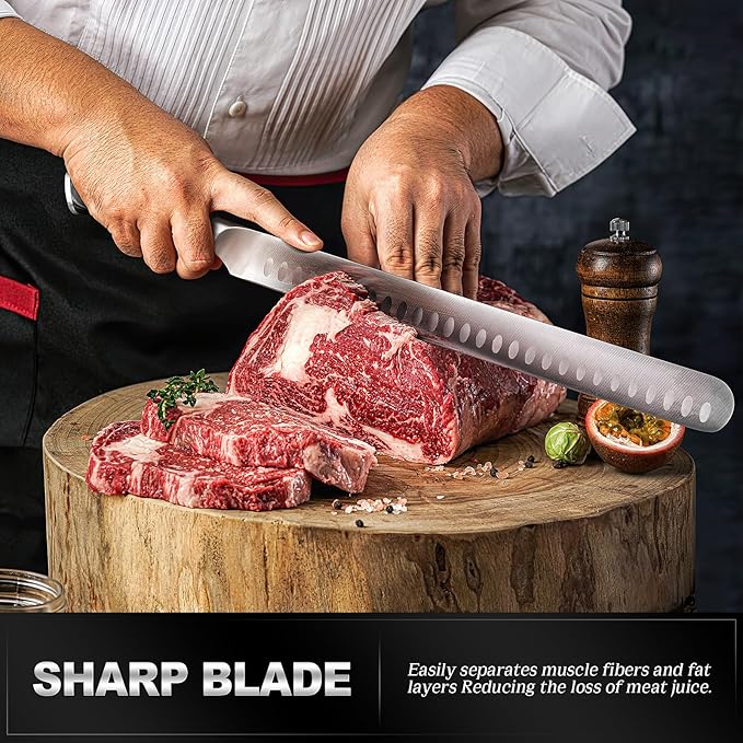 YFWOOD Slicing Carving Knife, 12 inch Brisket Knife for Meat Cutting, BBQ, Turkey – Razor Sharp High Carbon Stainless Steel Slicing Knives, Full Tang, Ergonomic Handle, Professional Chef's Knives