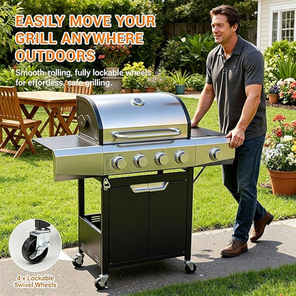 EUHOME Upgraded 51,000 BTU 4-Burner Propane Gas Grill with Side Burner – Large 452 sq.in Porcelain-Enameled Cast Iron Grates, Stainless Steel Body, 4 Swivel Casters for Backyard Patio & Tailgating
