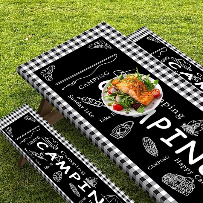 Picnic Table Cover with Bench Covers, Black Edges, 3PCS, 72 Inch | Waterproof Fitted Camper Outdoor Patio Camping Essentials Tablecloth with Drawstring Bag