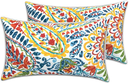 LVTXIII 2 Pack Outdoor Lumbar Pillow Covers 12x20 Inch with Piping, Water-Repellent Back Cushion Covers ONLY for Patio Furniture, Sofa, Garden Bench, Paisley Multi