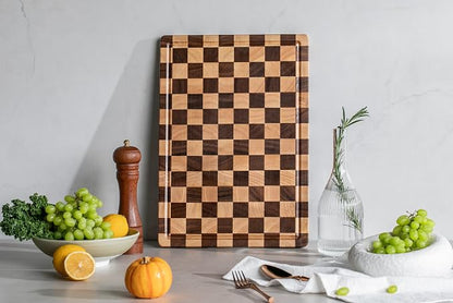 Cutting Boards for Kitchen, Checkered Wood Cutting Board | Walnut Chopping Board with Juice Grooves & Handles, Butcher Block Serving Tray with Gift Box 16" x 11" x 0.8"