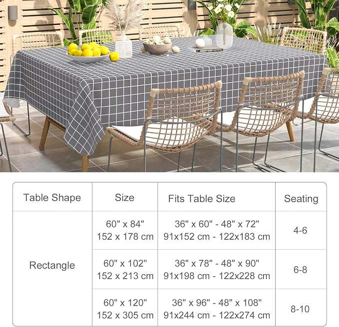 Rectangle Table Cloth, Wipeable Plastic Plaid Tablecloths, Waterproof Vinyl Table Cover with Flannel Backing for Dining, Picnic, Indoor and Outdoor (60" x 84", Grey)
