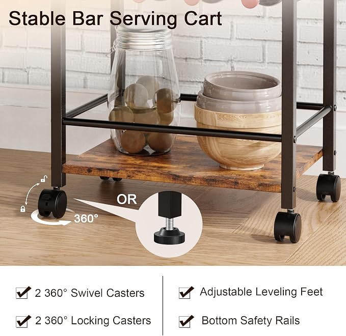 Bar Cart, Home Bar Serving Cart, Mobile Kitchen Carts with Wheels, Small Rolling Cart with Wine Rack and Glass Holders, Rolling Beverage Cart for Kitchen, Dining Room, Living Room, Rustic Brown