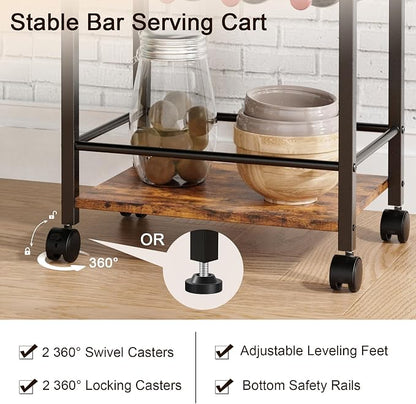 Bar Cart, Home Bar Serving Cart, Mobile Kitchen Carts with Wheels, Small Rolling Cart with Wine Rack and Glass Holders, Rolling Beverage Cart for Kitchen, Dining Room, Living Room, Rustic Brown