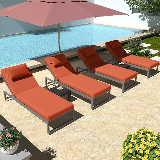 Chaise Lounge Cushions Outdoor Set of 2 Lounge Chair Cushion 80" L x 26" W with Headrest Straps 3'' Thick Waterproof Patio Chaise Cushions Pool Lounger Chair Cushion(Brick red)