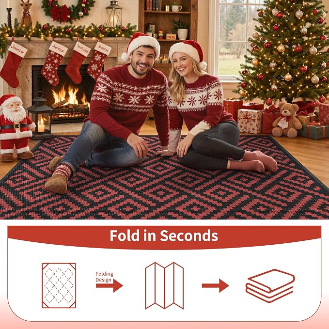 GENIMO Outdoor Rug, Waterproof Plastic Rugs for Patio, 6'x9' Red Grey | Outside Larger Modern Carpet Mat for Porch Decor, Deck, Balcony, Camping, RV, Backyard, Picnic, Beach, Reversible, Foldable