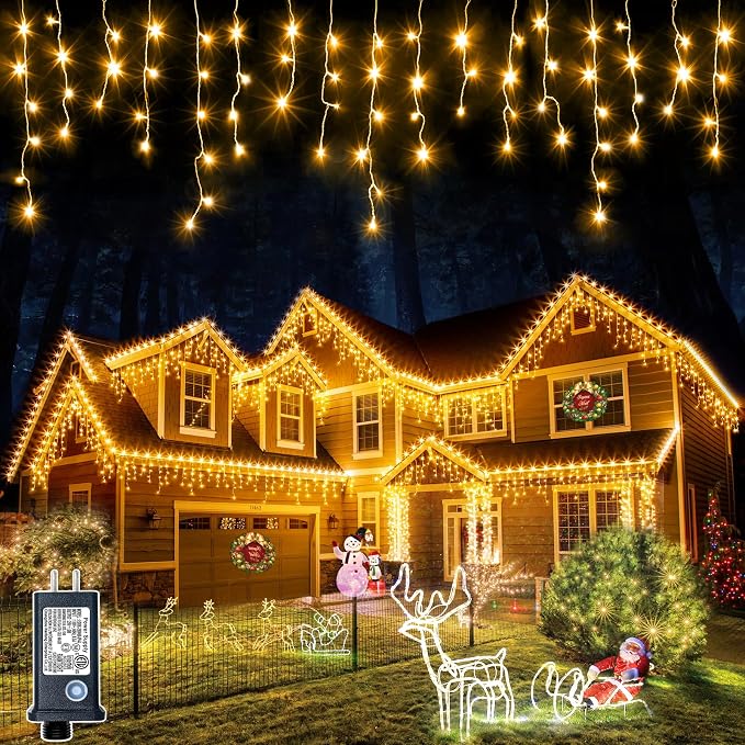 Icicle Lights for Outside 99ft 1216 LED Warm White Christmas Lights Outdoor | Plug in Icicle Christmas Lights 8 Modes Waterproof with 228 Drops for Party, Holiday, Wedding, Christmas Decoration