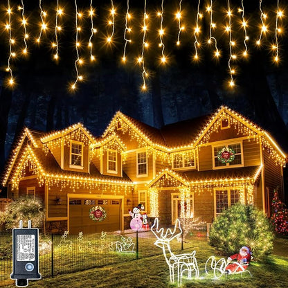 Icicle Lights for Outside 99ft 1216 LED Warm White Christmas Lights Outdoor | Plug in Icicle Christmas Lights 8 Modes Waterproof with 228 Drops for Party, Holiday, Wedding, Christmas Decoration