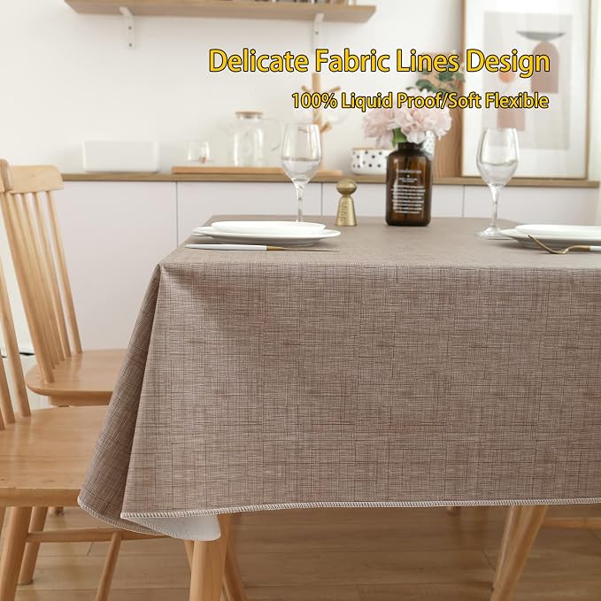 LIBERECOO Vinyl Tablecloth with Flannel Backing, Flaxen, Waterproof, Stain-Resistant, Easy-Clean Table Cover for Dining, Kitchen, and Outdoor Use, 60" x 84" Rectangle
