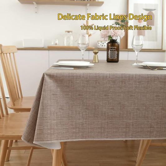 LIBERECOO Vinyl Tablecloth with Flannel Backing, Flaxen, Waterproof, Stain-Resistant, Easy-Clean Table Cover for Dining, Kitchen, and Outdoor Use, 60" x 84" Rectangle