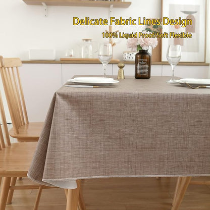 LIBERECOO Vinyl Tablecloth with Flannel Backing, Flaxen, Waterproof, Stain-Resistant, Easy-Clean Table Cover for Dining, Kitchen, and Outdoor Use, 60" x 102" Rectangle