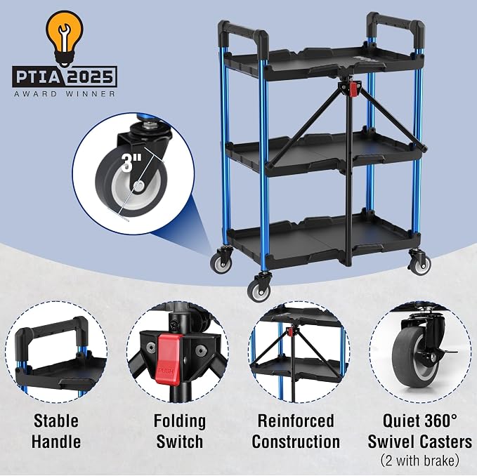 WORKPRO 3-Tier Collapsible Utility Cart, 210 LBS Cart with Wheels | No Assembly Required, Foldable Service Cart with Spacious Shelves for Garage, Warehouse, Office & Home Use, Black/Blue