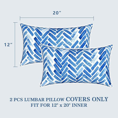 LVTXIII 2 Pack Outdoor Lumbar Pillow Covers 12x20 Inch with Piping, Water-Repellent Back Cushion Covers ONLY for Patio Furniture, Sofa, Garden Bench, Blue Bricks