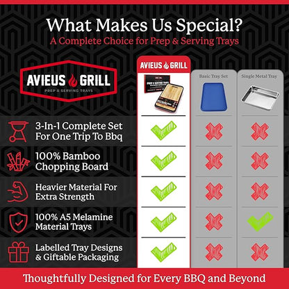 AVIEUS Grill Prep and Serving Trays | Set of 3 Stackable, Melamine Trays with Bamboo Cutting Board | Trays for Marinating, Serving & Chopping | Serving Platter for Plating Food & BBQ Prep Tub |