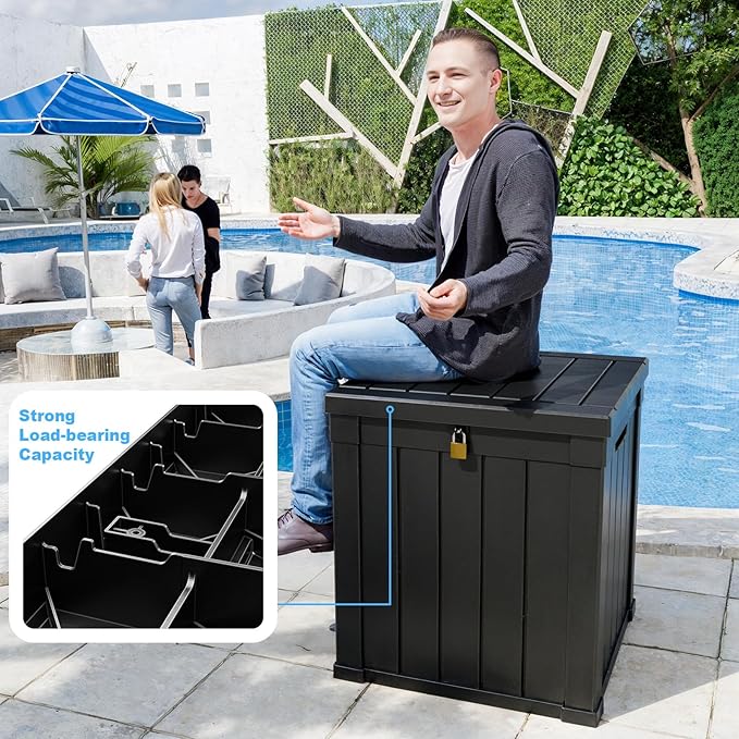 Waterproof Outdoor Storage Box, 50 Gallon Lockable Deck Box, UV-Resistant Outside Storage Bin With Hydraulic Lid For Patio Furniture, Cushion Organizer, Garden Tools, Pool Accessories, Black