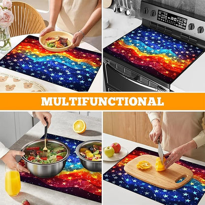 Multi-Design Stove Cover for Glass/Electric Stoves - 3-in-1 Heat-Resistant Protector Mat, Non-Slip Drying Rack 28"x20" (Star Ocean)