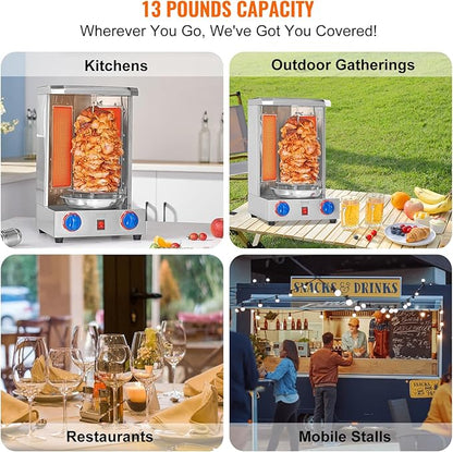 VEVOR Shawarma Grill Machine, 13 lbs Capacity, Chicken Shawarma Cooker Machine with 2 Burners, Gas Vertical Broiler Gyro Rotisserie Oven Doner Kebab Machine, for Home Restaurant Kitchen Parties
