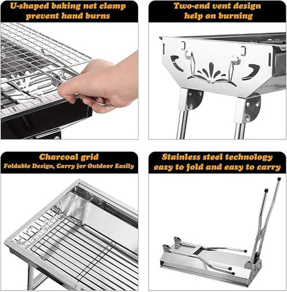 Barbecue Charcoal Grill Stainless Steel Folding Portable BBQ Tool Kits for Outdoor Cooking Camping Hiking Picnics Tailgating Backpacking or Any Outdoor Event (Large)