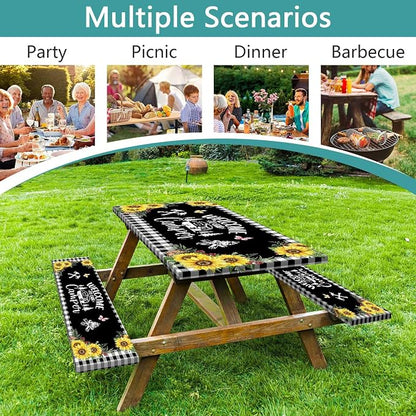 Sunflower Plaid Picnic Table Cover with Bench Covers and Bag, Camping Essentials, Checkered Floral Waterproof Windproof, Fitted Tablecloth Cover with Elastic Edge, Garden & Outdoor, 3 PCS, 30x72 Inch