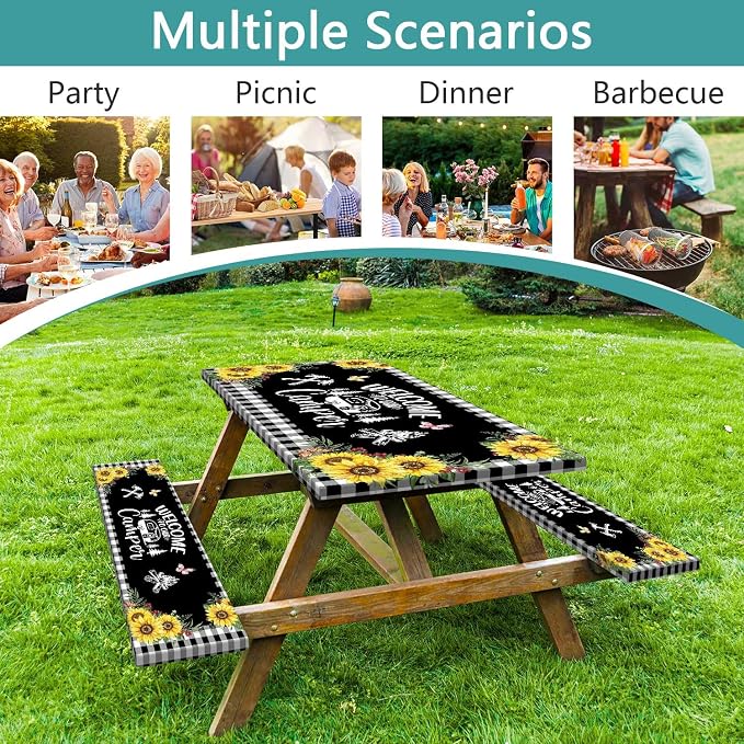 Sunflower Plaid Picnic Table Cover with Bench Covers and Bag, Camping Essentials, Checkered Floral Waterproof Windproof, Fitted Tablecloth Cover with Elastic Edge, Garden & Outdoor, 3 PCS, 30x96 Inch
